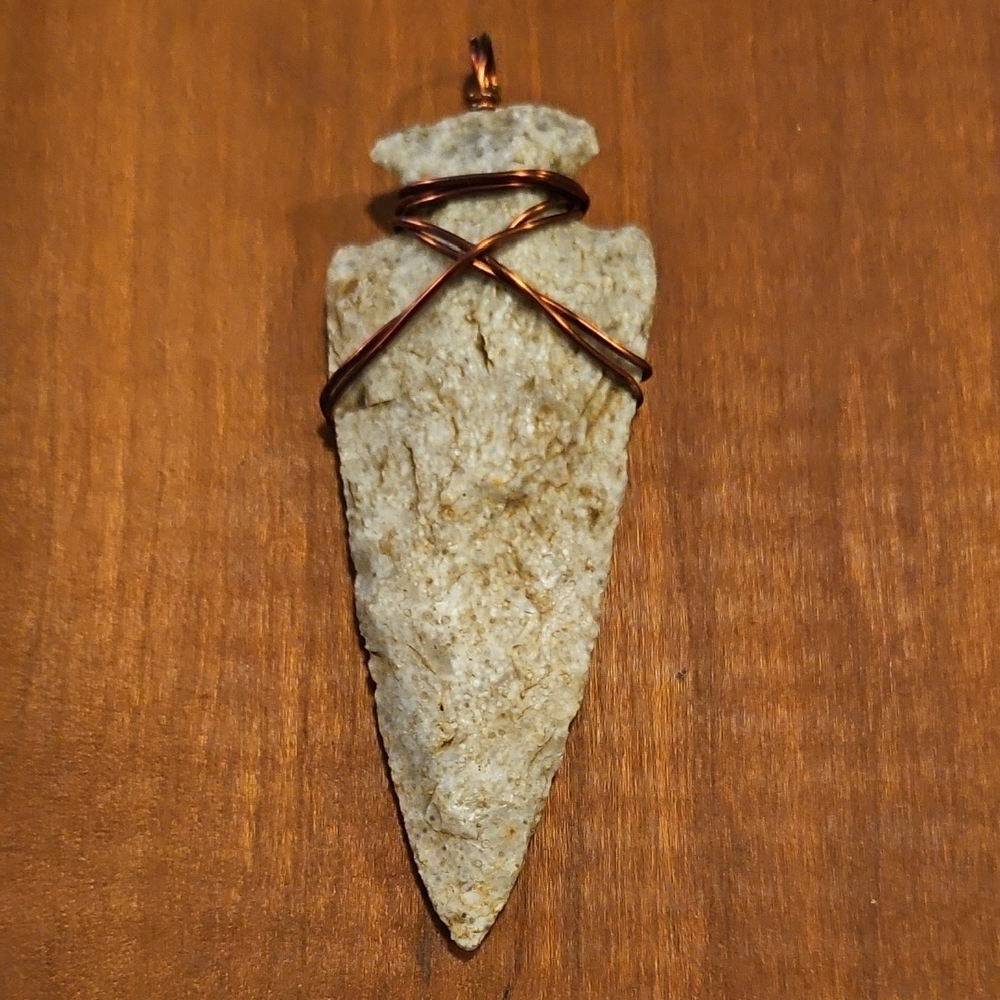 Handmade Authentic  Arrowhead Pendant with Copper Wire Wrap - Natural Beige